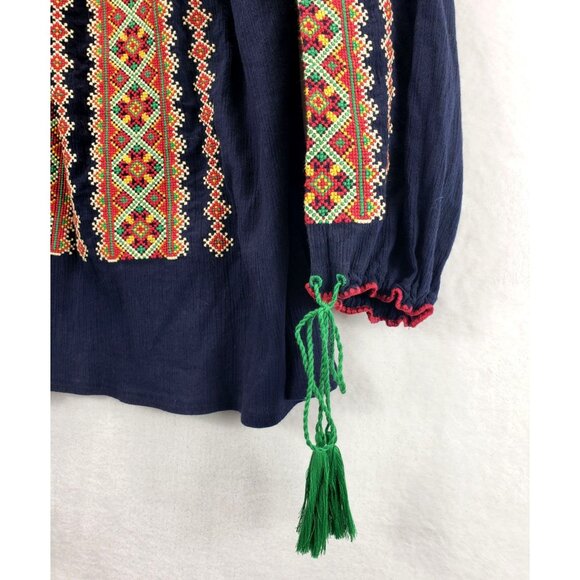 Ukrainian Traditional Blouse XXL Navy Colorful Geometric CrossStitch Embroidery - Picture 4 of 11